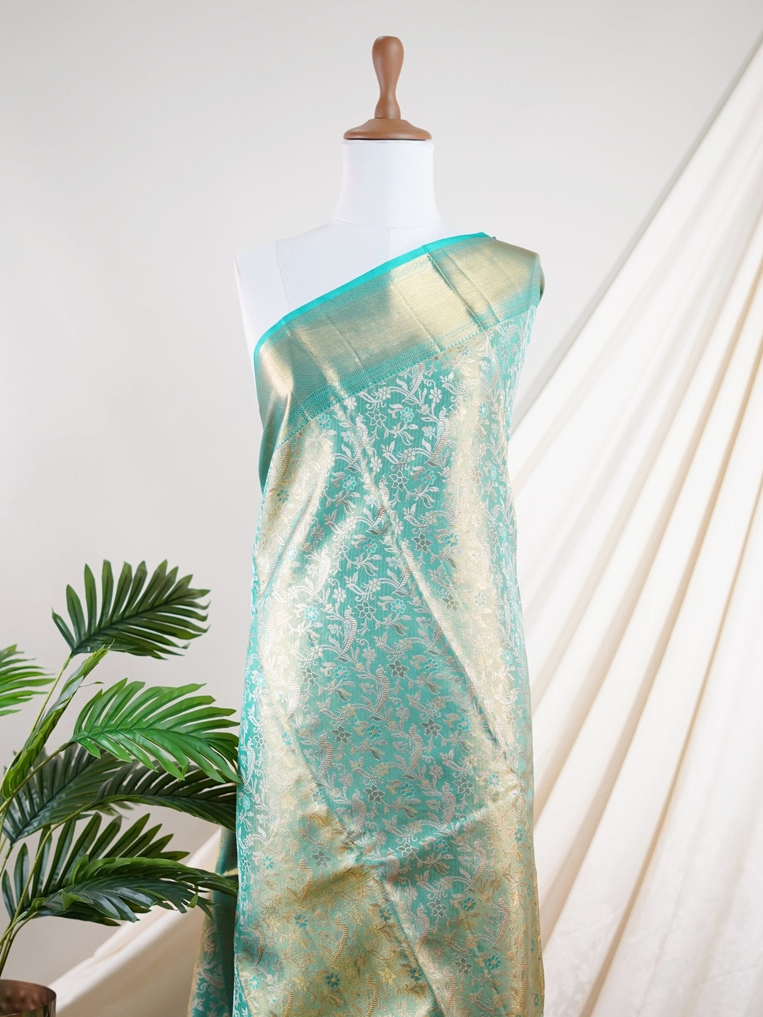 Kanchipuram Silk Turquoise 100% Pure Silk - Manoranjitham Weaves - Handloom Store