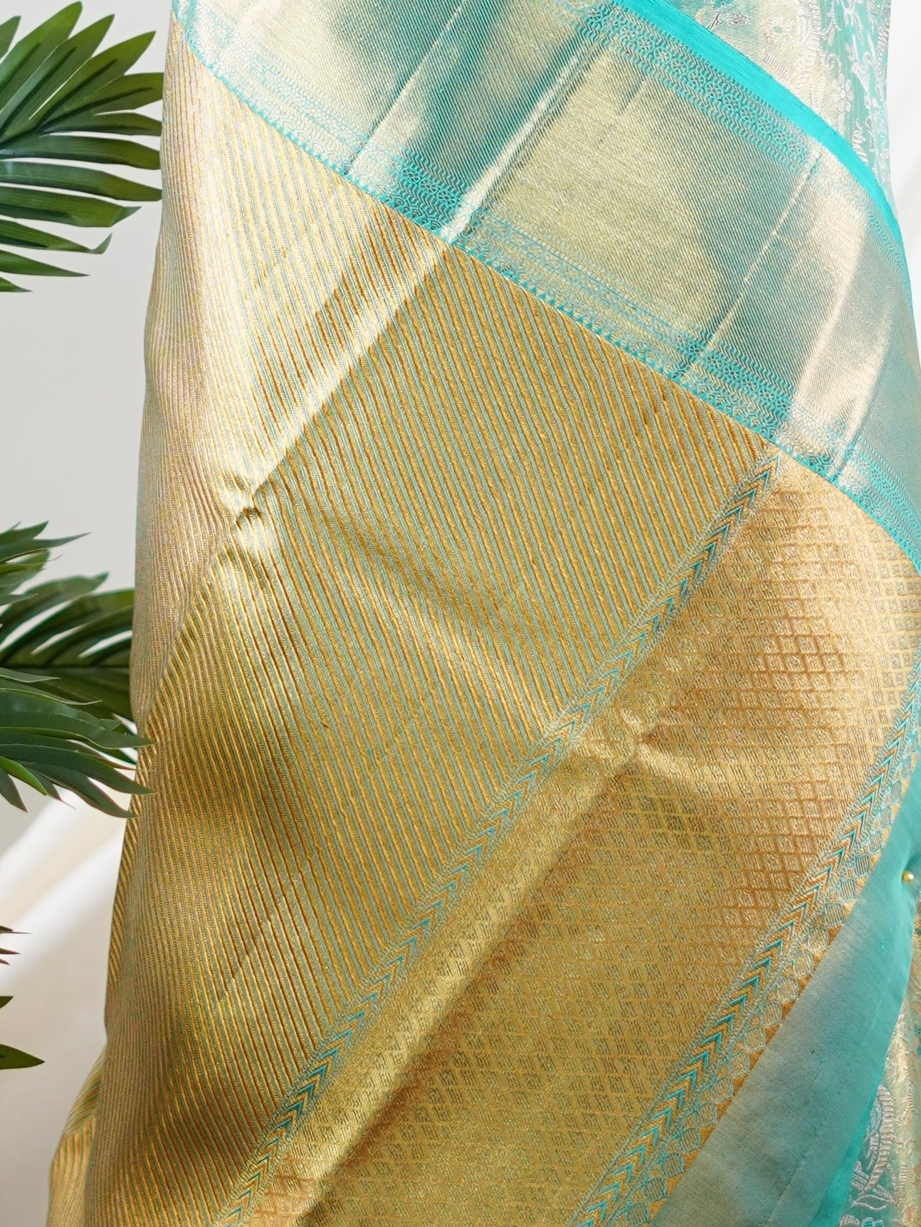Kanchipuram Silk Turquoise 100% Pure Silk - Manoranjitham Weaves - Handloom Store