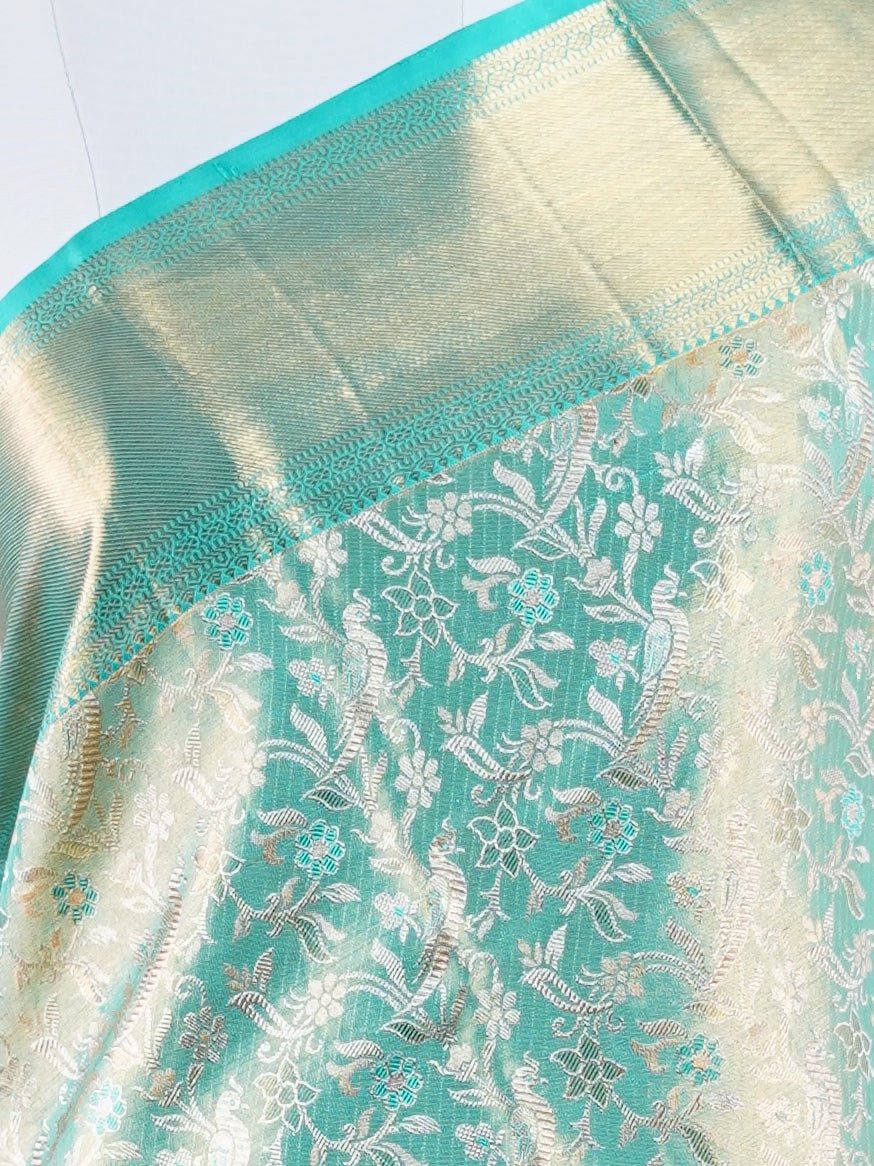 Kanchipuram Silk Turquoise 100% Pure Silk - Manoranjitham Weaves - Handloom Store