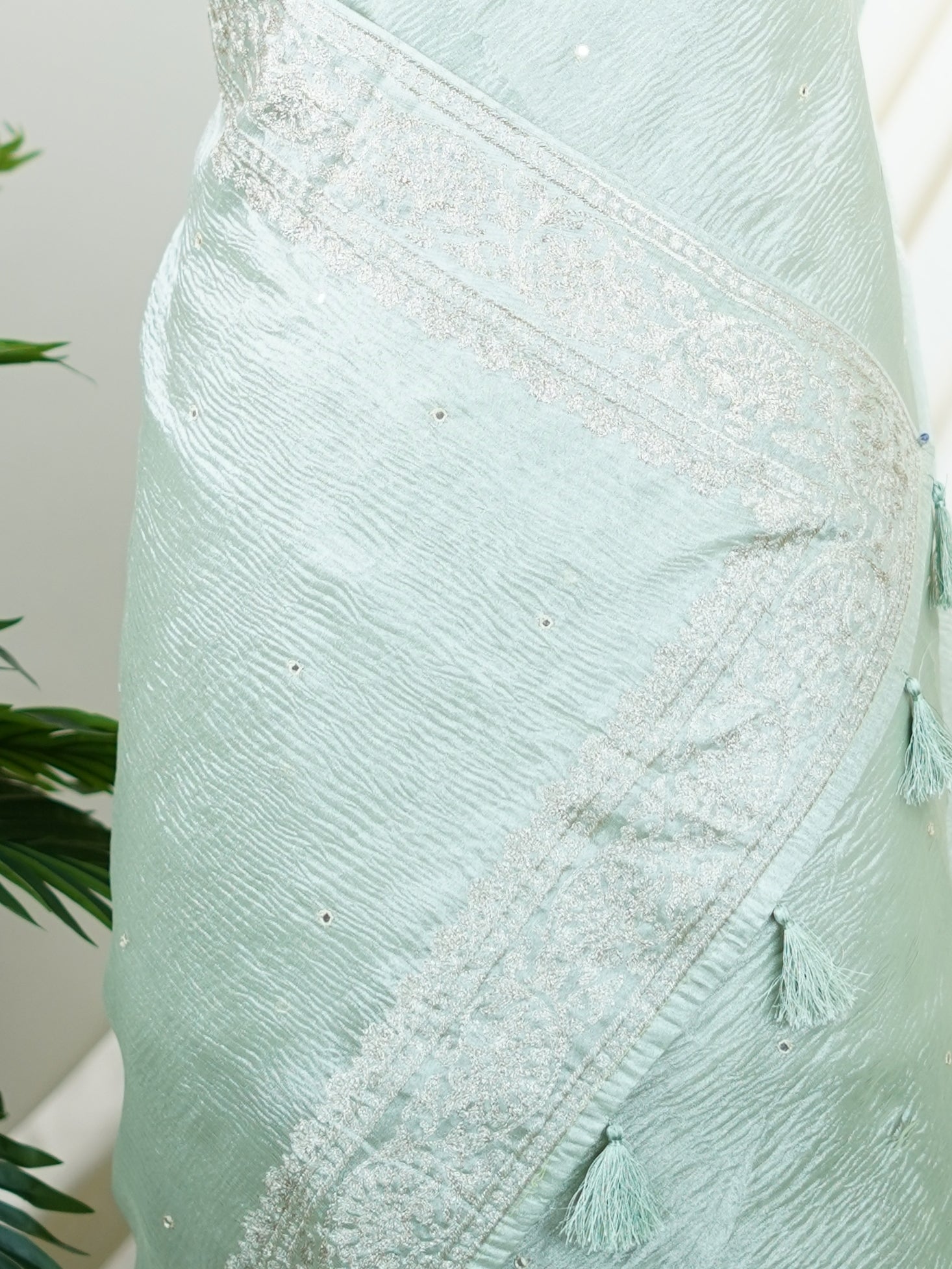 Net Pista Green Semi Crush Tissue - Manoranjitham Weaves - Handloom Store