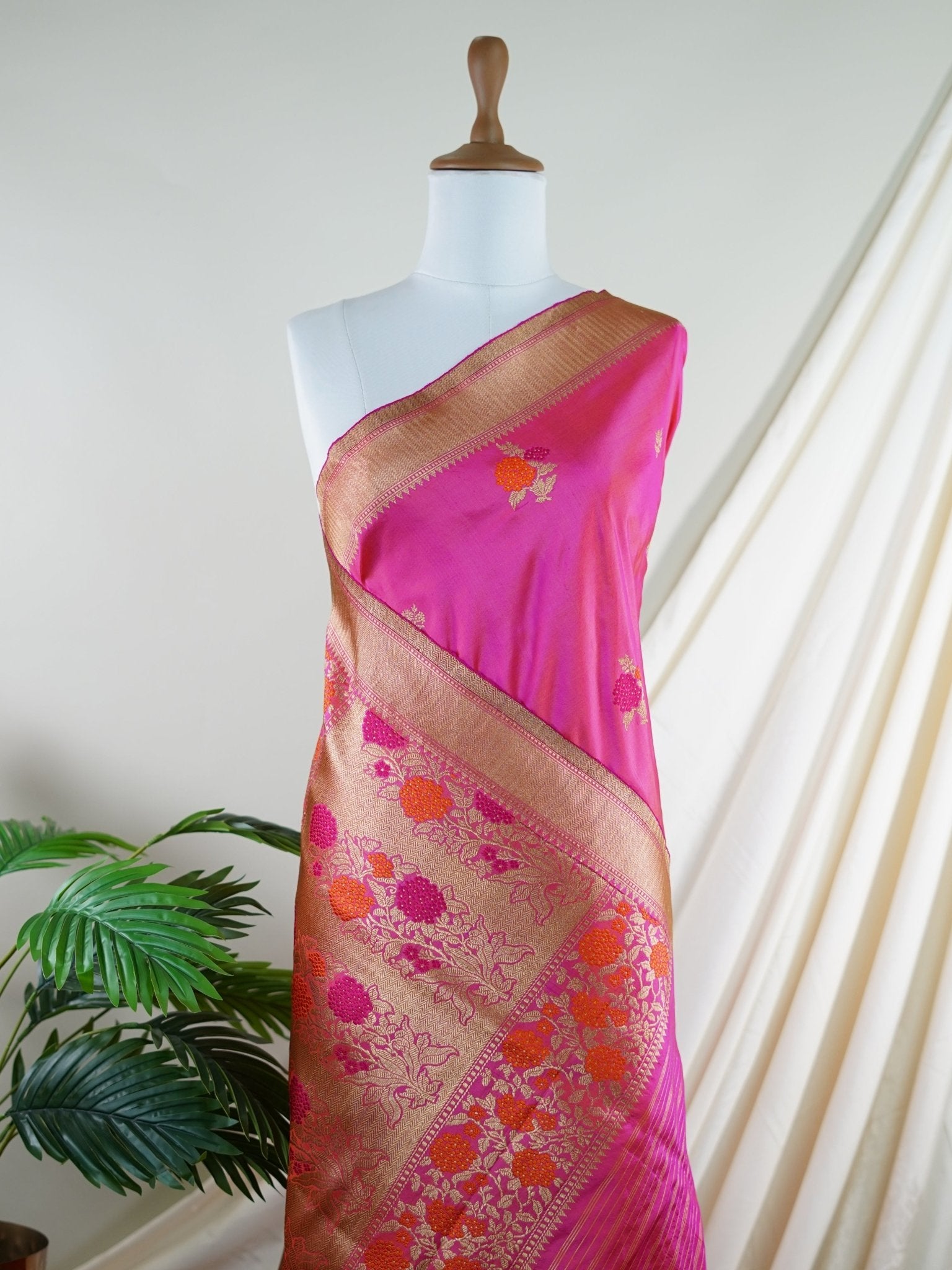 Katan Hot Pink 100% Pure Katan Silk - Manoranjitham Weaves - Handloom Store