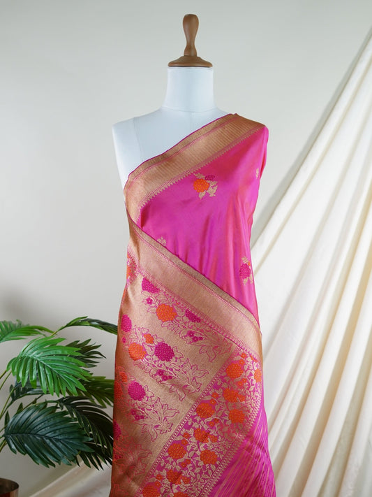 Katan Hot Pink 100% Pure Katan Silk - Manoranjitham Weaves - Handloom Store