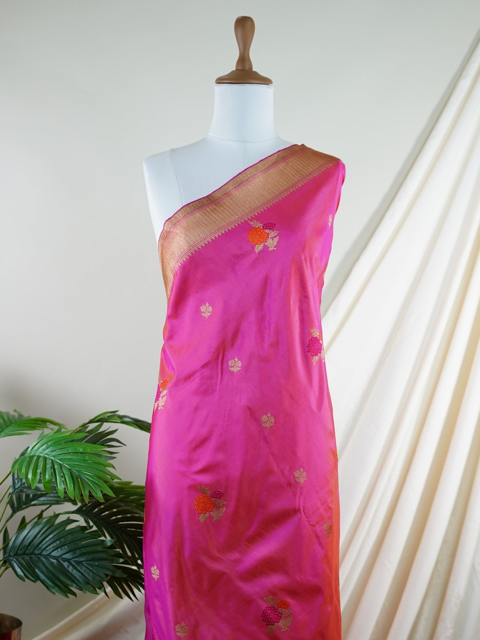 Katan Hot Pink 100% Pure Katan Silk - Manoranjitham Weaves - Handloom Store