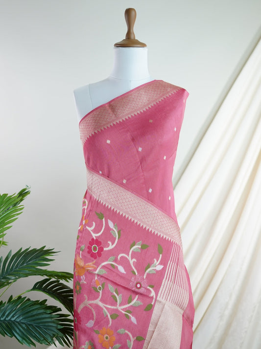 Georgette Pink Tussar Georgette - Manoranjitham Weaves - Handloom Store
