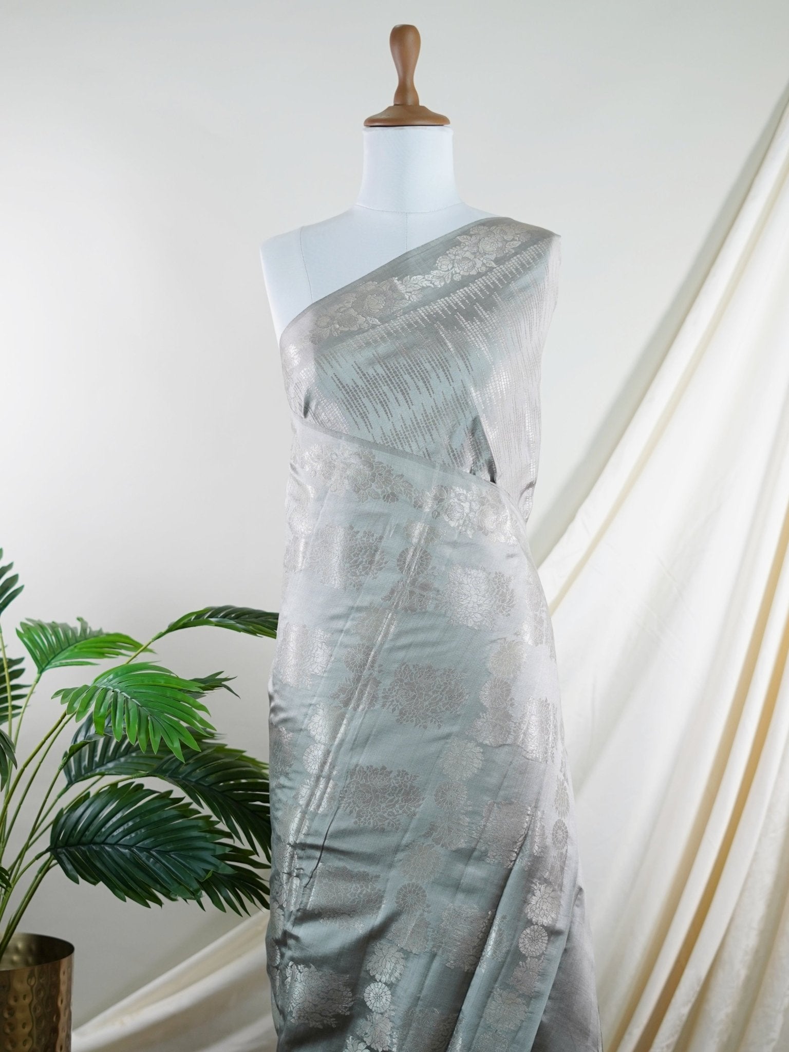 Katan Grey 100% Pure Katan Soft Silk - Manoranjitham Weaves - Handloom Store