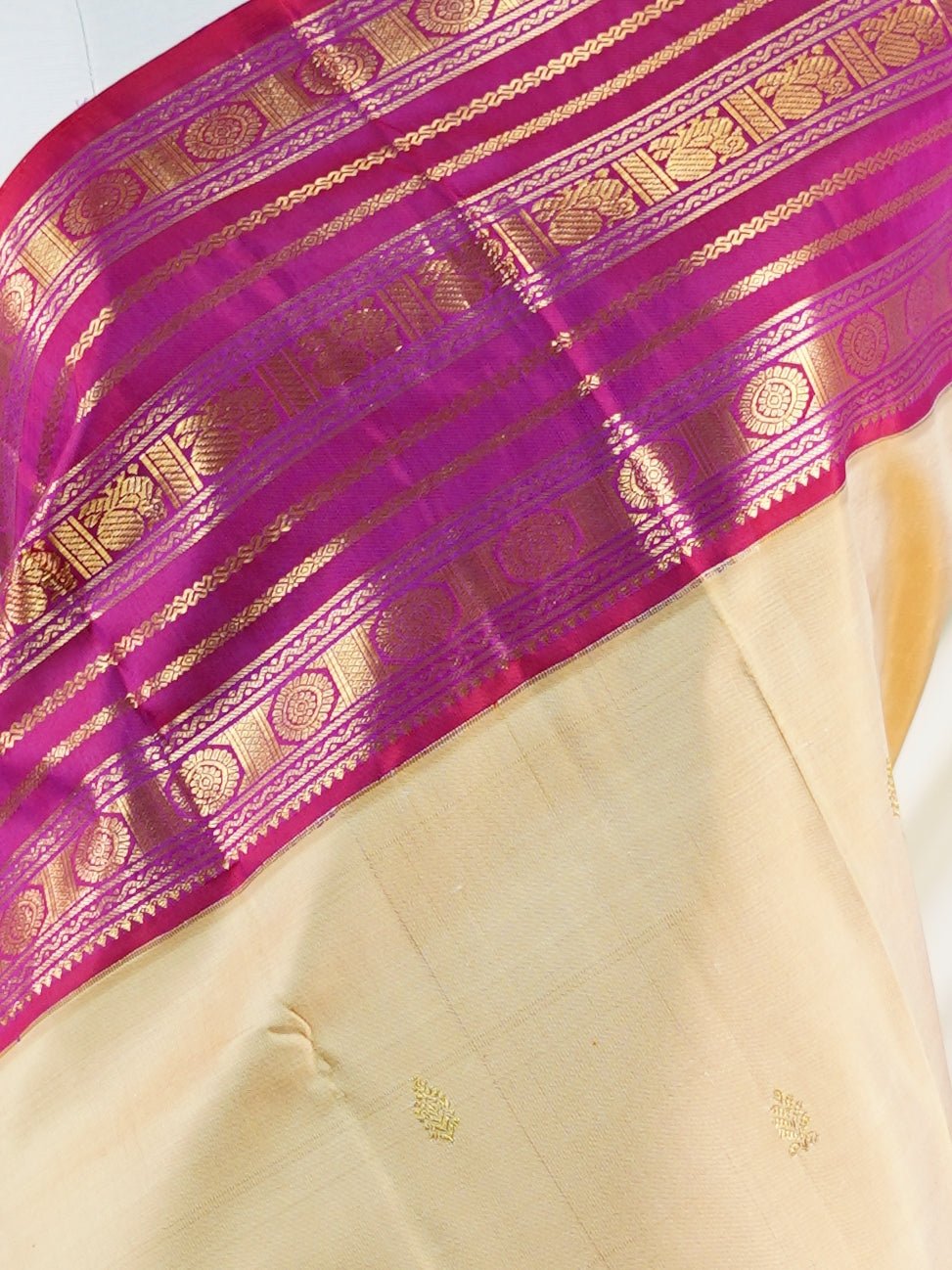 Kanchipuram Silk Beige 100% Pure Silk - Manoranjitham Weaves - Handloom Store