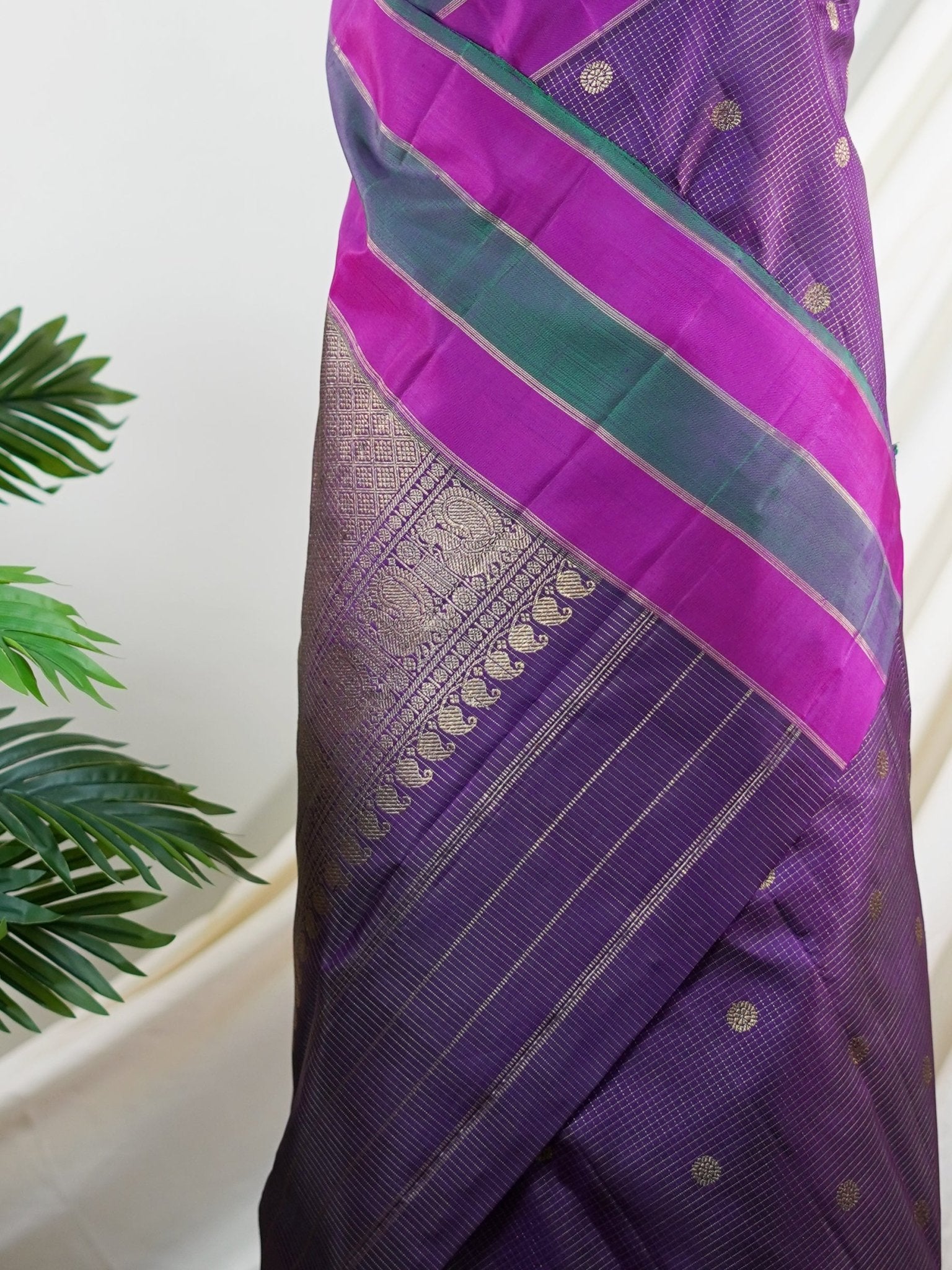 Kanchipuram Silk Brinjal 100% Pure Silk - Manoranjitham Weaves - Handloom Store