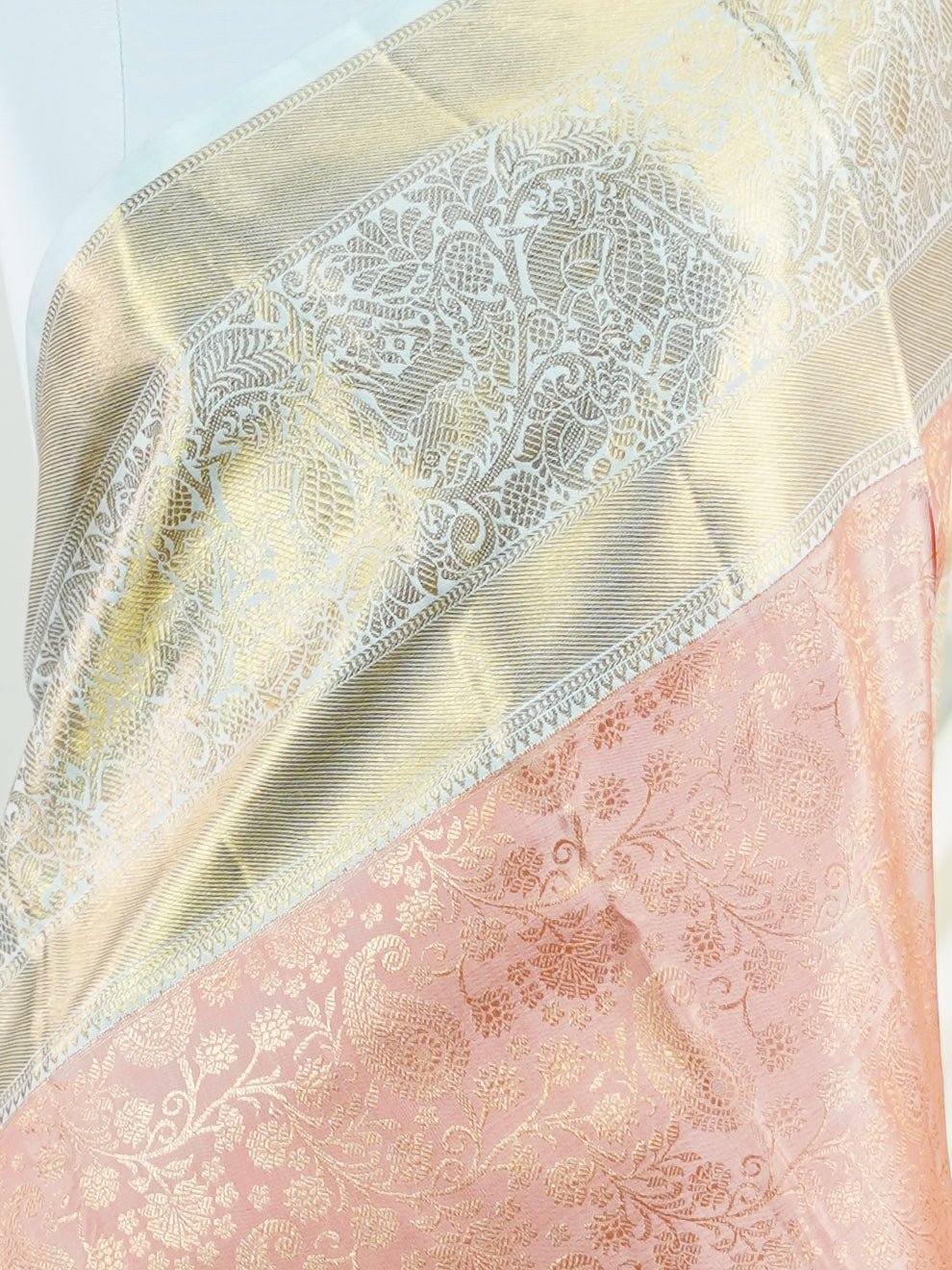 Kanchipuram Silk Coral Pink 100% Pure Silk - Manoranjitham Weaves - Handloom Store