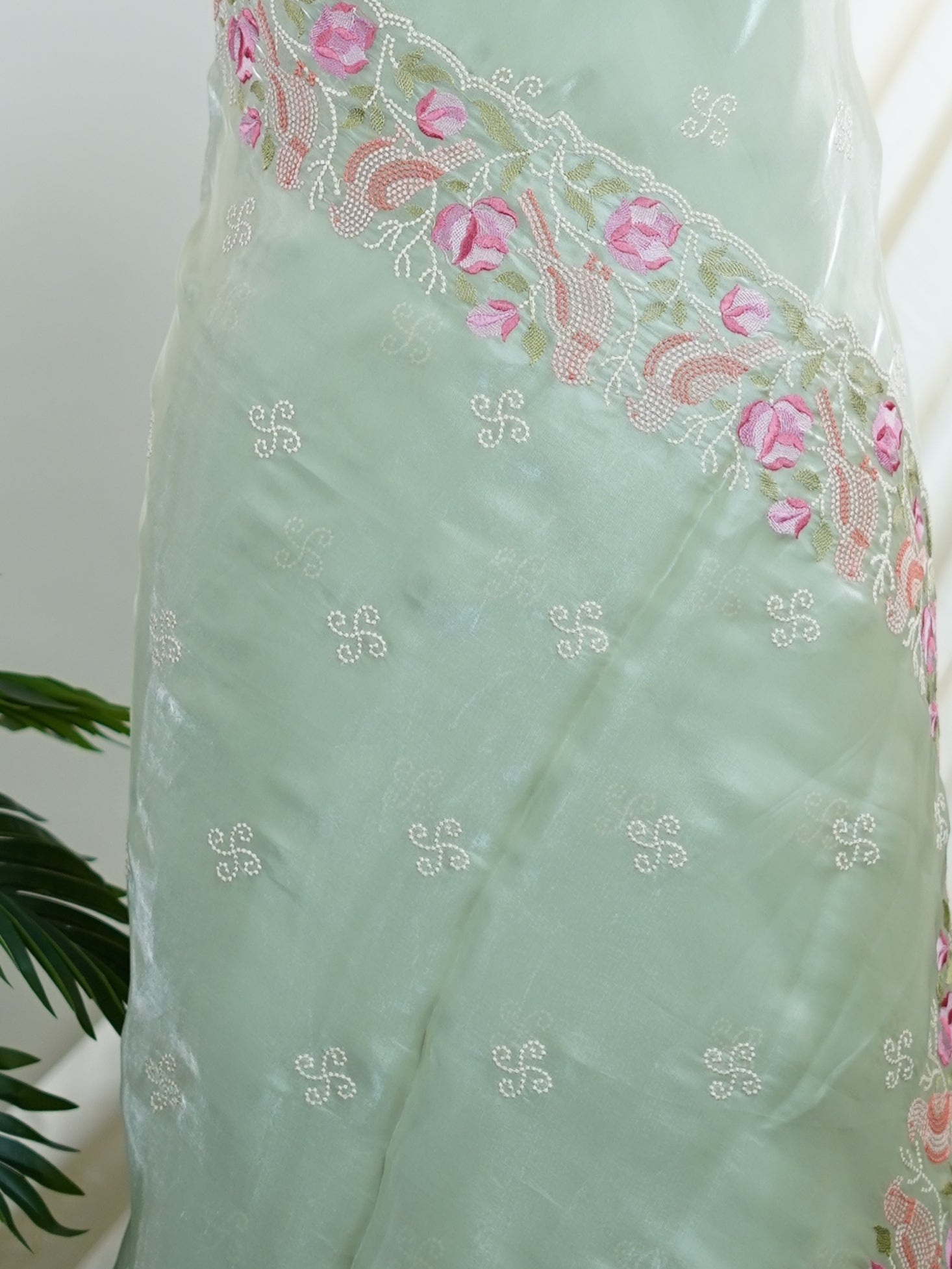 Katan Pista Green 100% Pure Tissue - Manoranjitham Weaves - Handloom Store