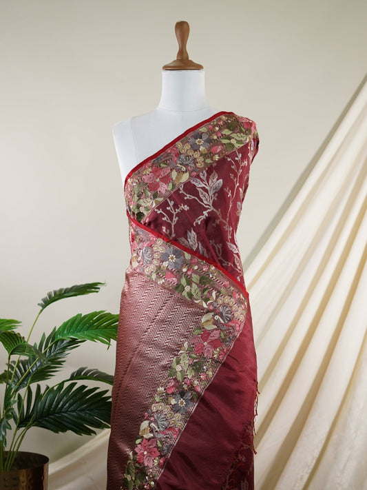 Katan Maroon 100% Pure Silk - Manoranjitham Weaves - Handloom Store