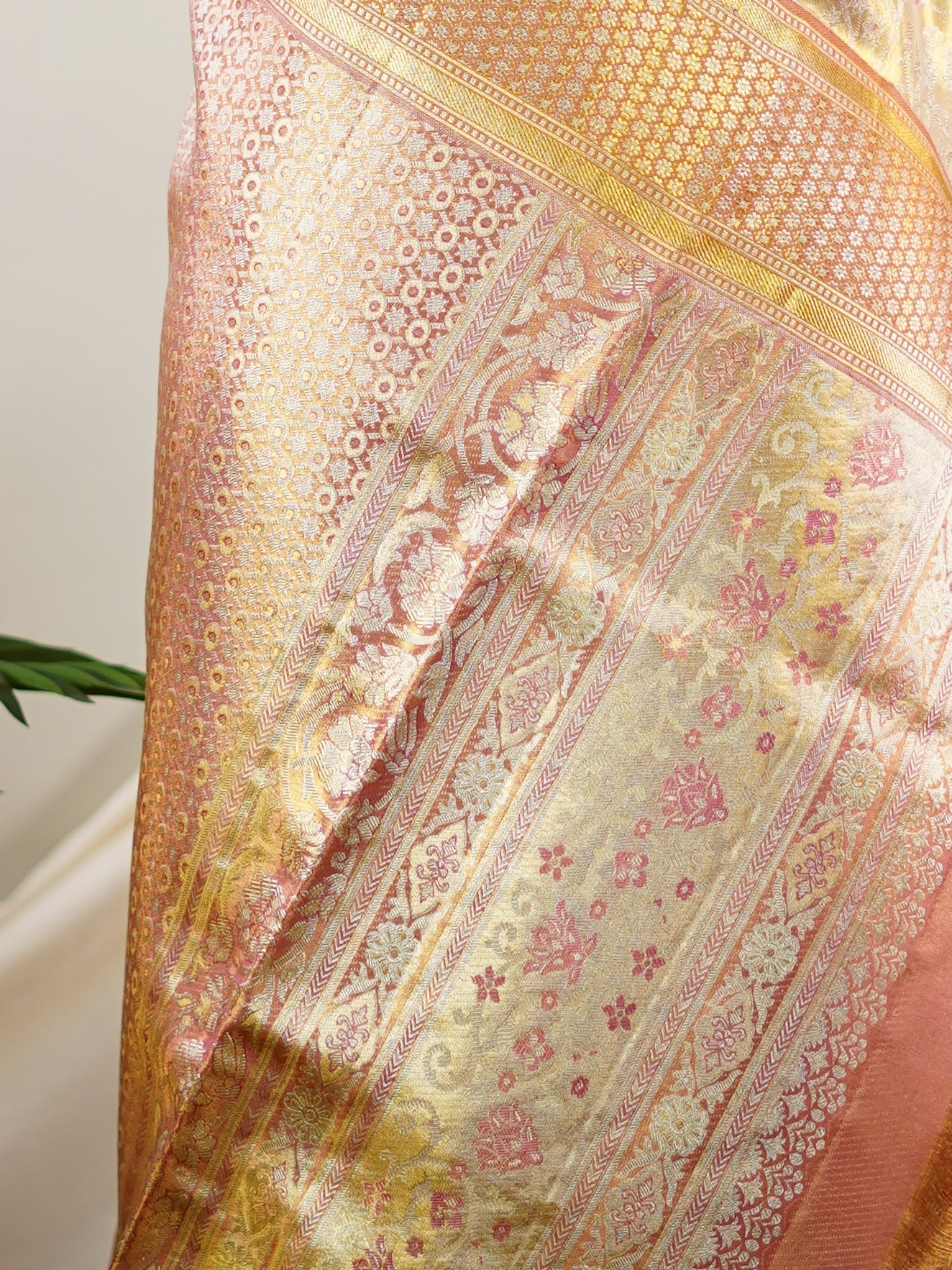 Kanchipuram Silk Golden Cream 100% Pure Silk - Manoranjitham Weaves - Handloom Store