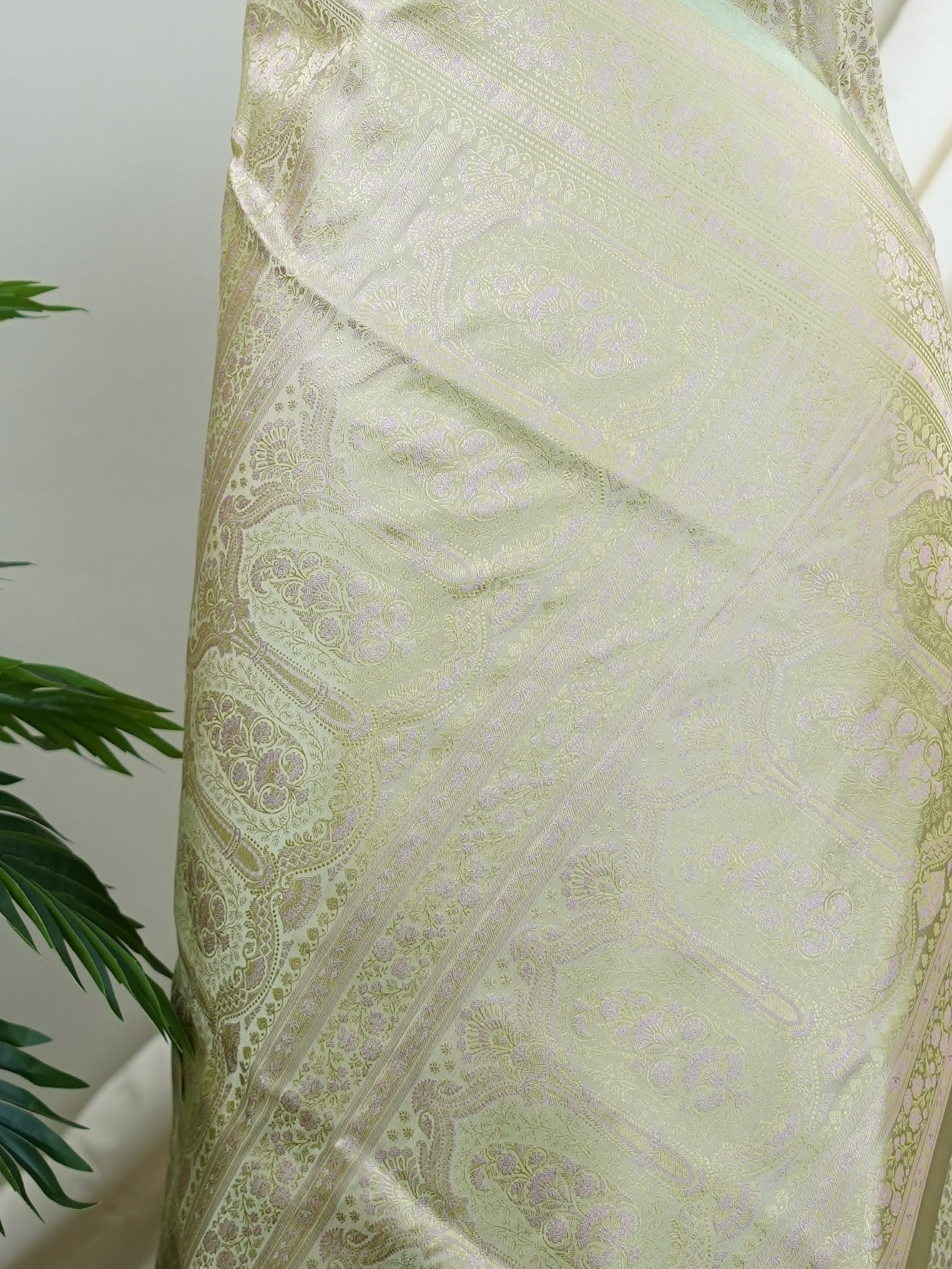 Katan Pista Green Semi Mushru - Manoranjitham Weaves - Handloom Store