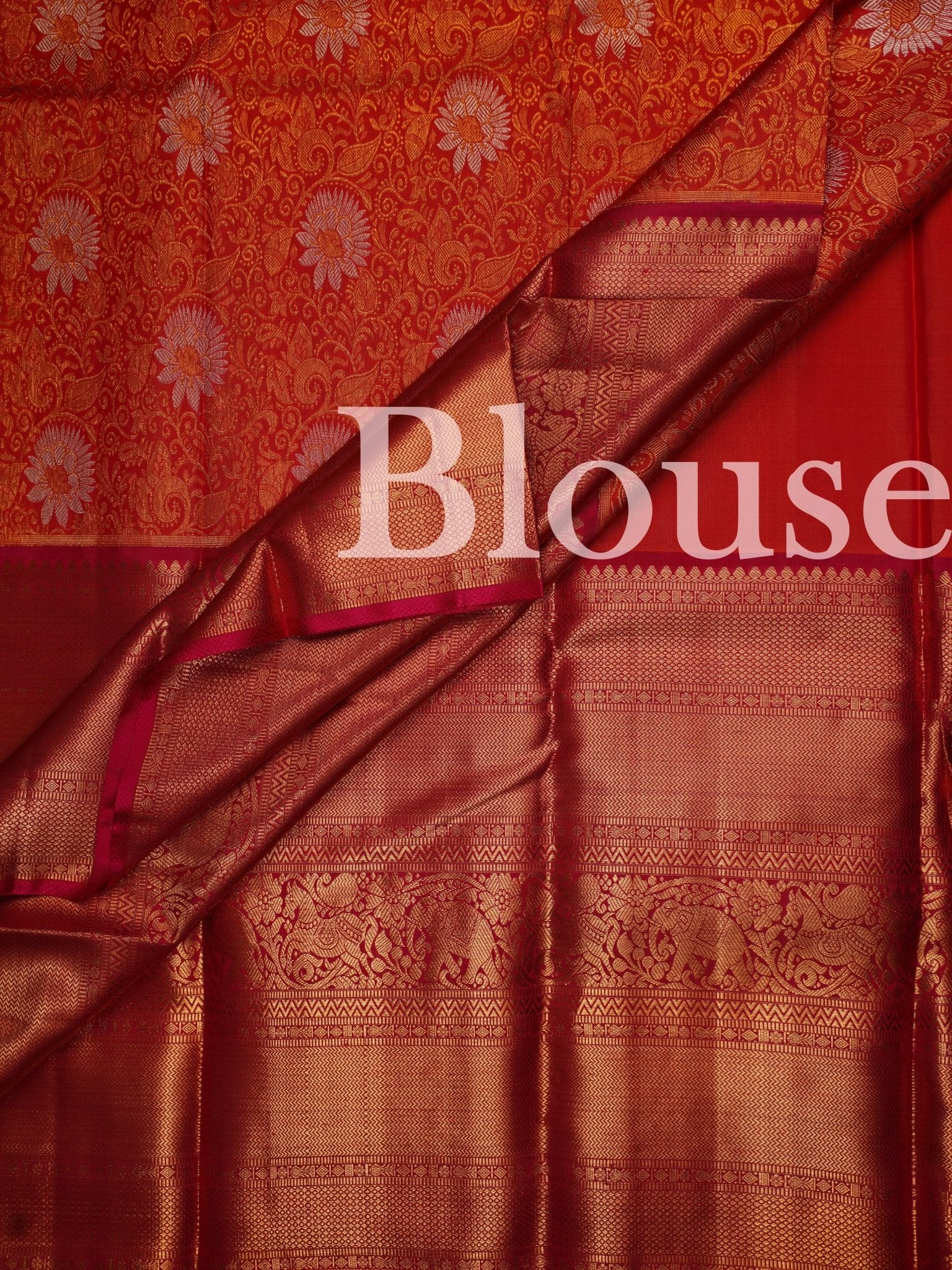 Kanchipuram Silk Orange 100% Pure Silk - Manoranjitham Weaves - Handloom Store