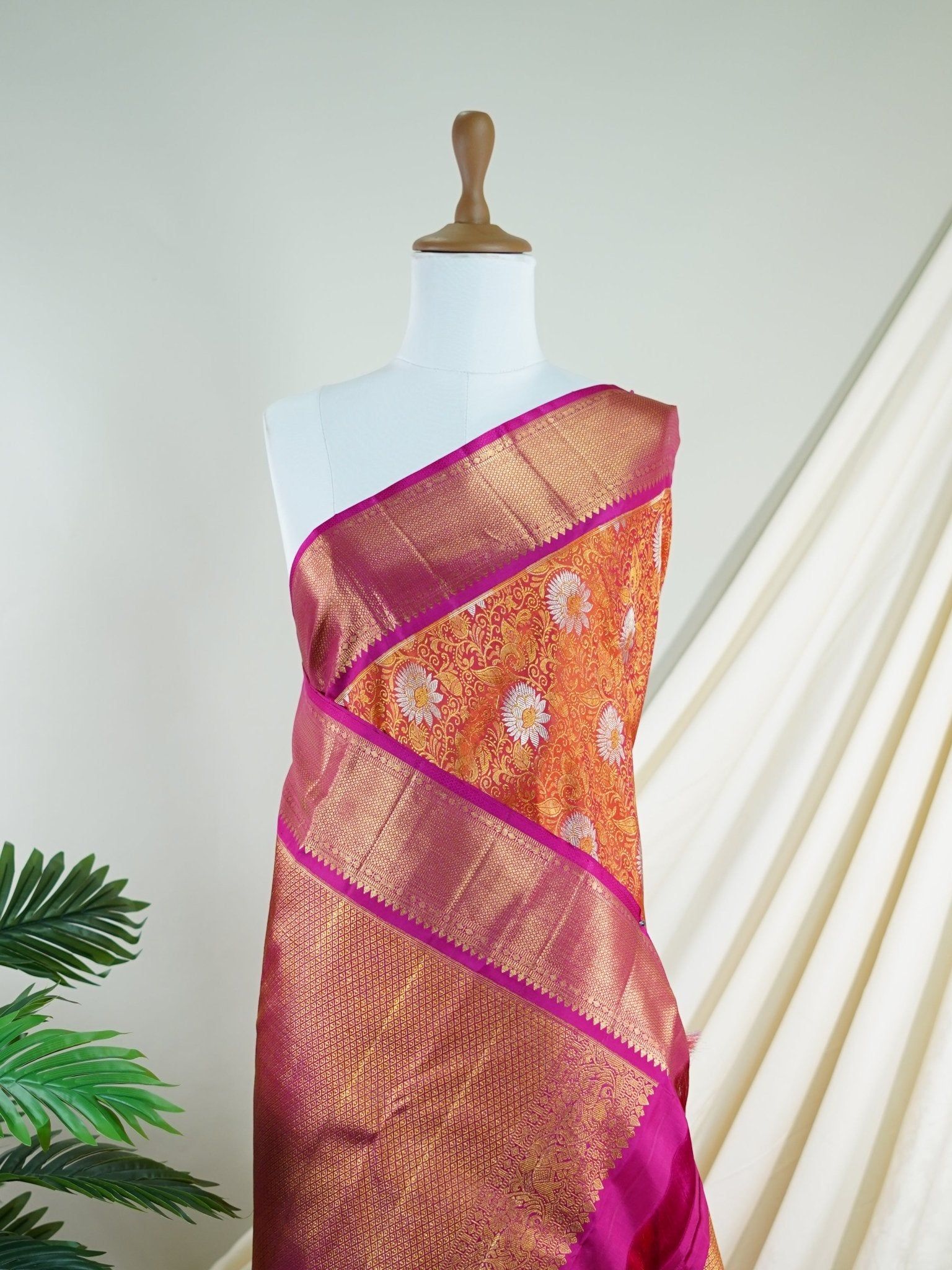 Kanchipuram Silk Orange 100% Pure Silk - Manoranjitham Weaves - Handloom Store
