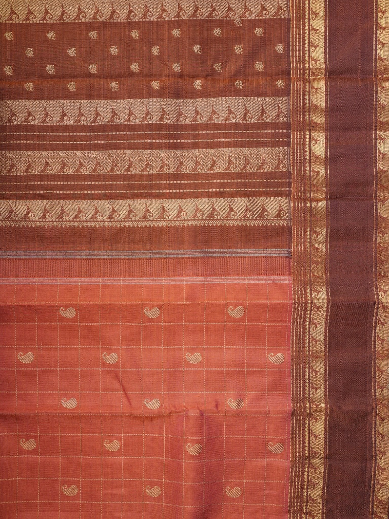 Kanchipuram Silk Peach 100% Pure Silk - Manoranjitham Weaves - Handloom Store