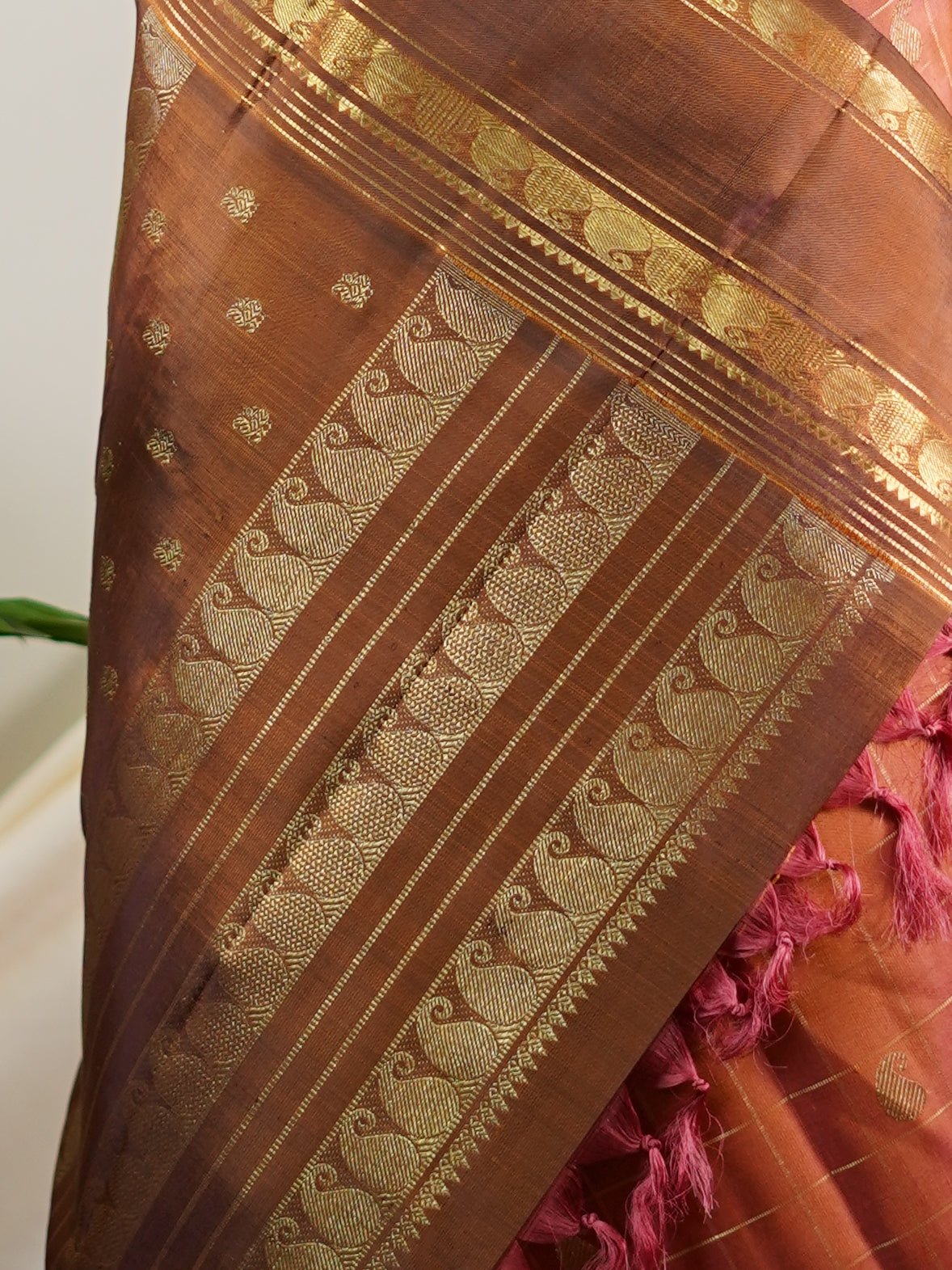 Kanchipuram Silk Peach 100% Pure Silk - Manoranjitham Weaves - Handloom Store