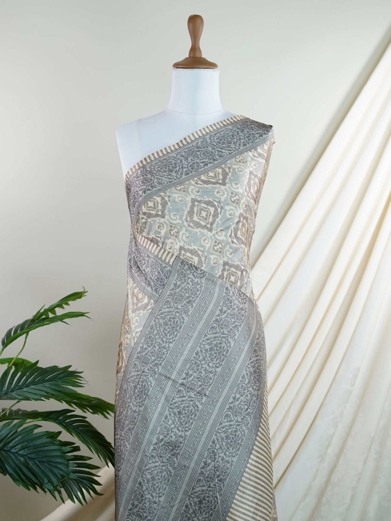 Satin Grey Semi Mushru - Manoranjitham Weaves - Handloom Store