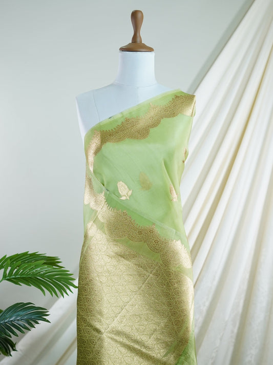 Katan Green 100% Pure Katan Soft Silk - Manoranjitham Weaves - Handloom Store
