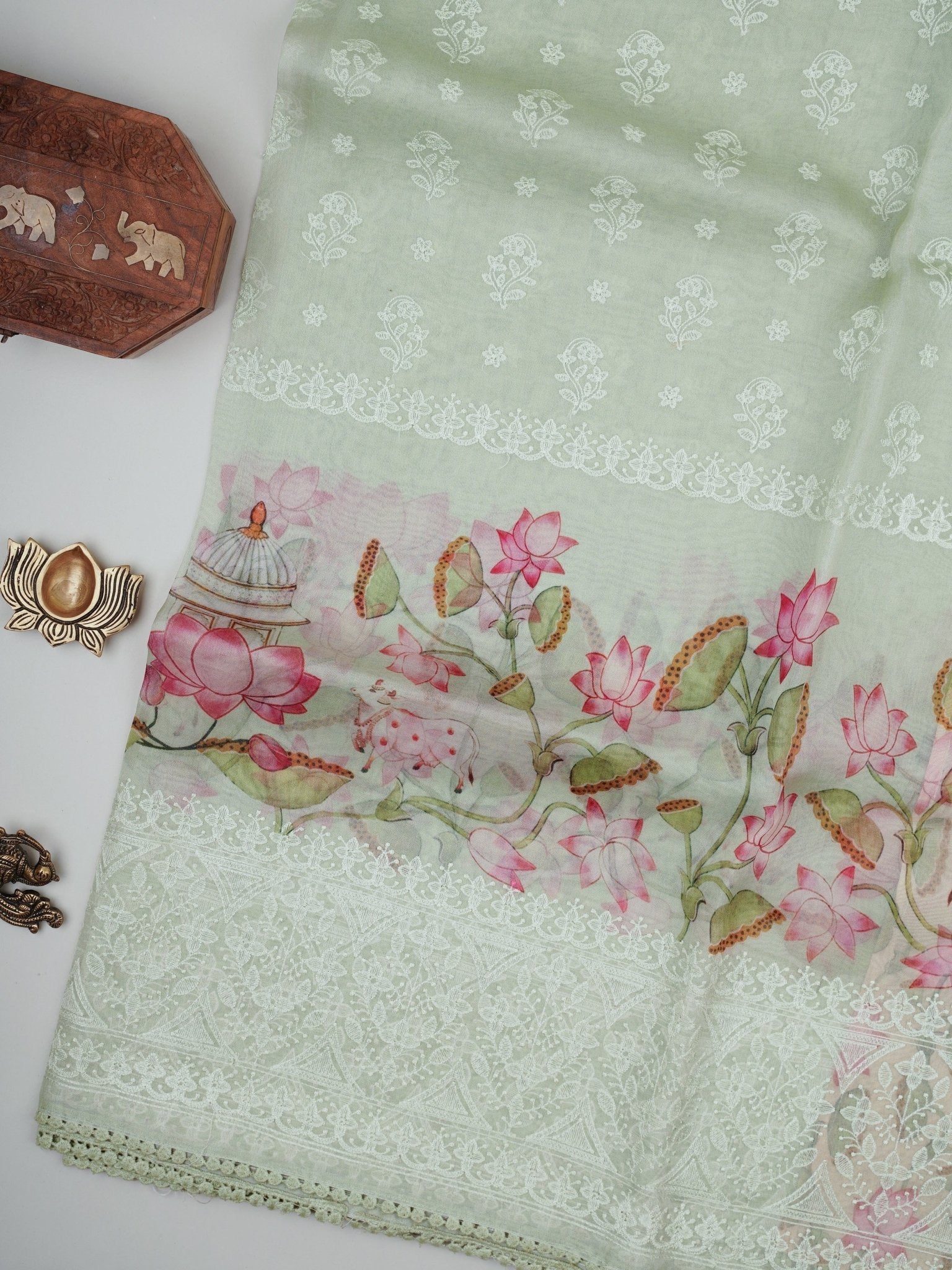 Organza Light Green 100% Pure Organza Silk - Manoranjitham Weaves - Handloom Store