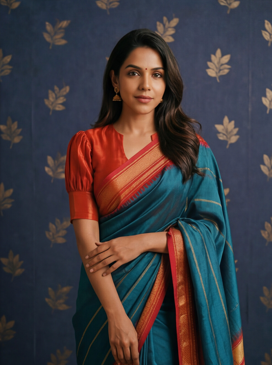 Woman in a teal silk saree
