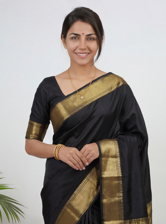 Woman in a black Kanjivaram silk saree with gold zari