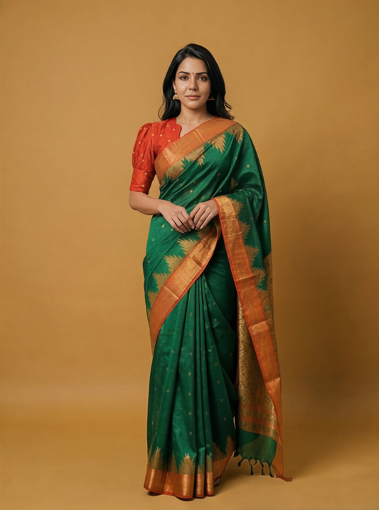 Woman wearing a green Kanjivaram silk saree