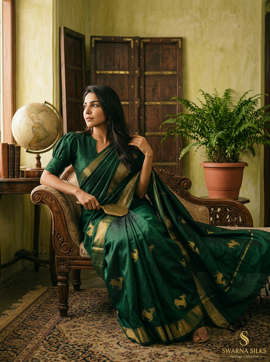 Woman in a dark green silk saree