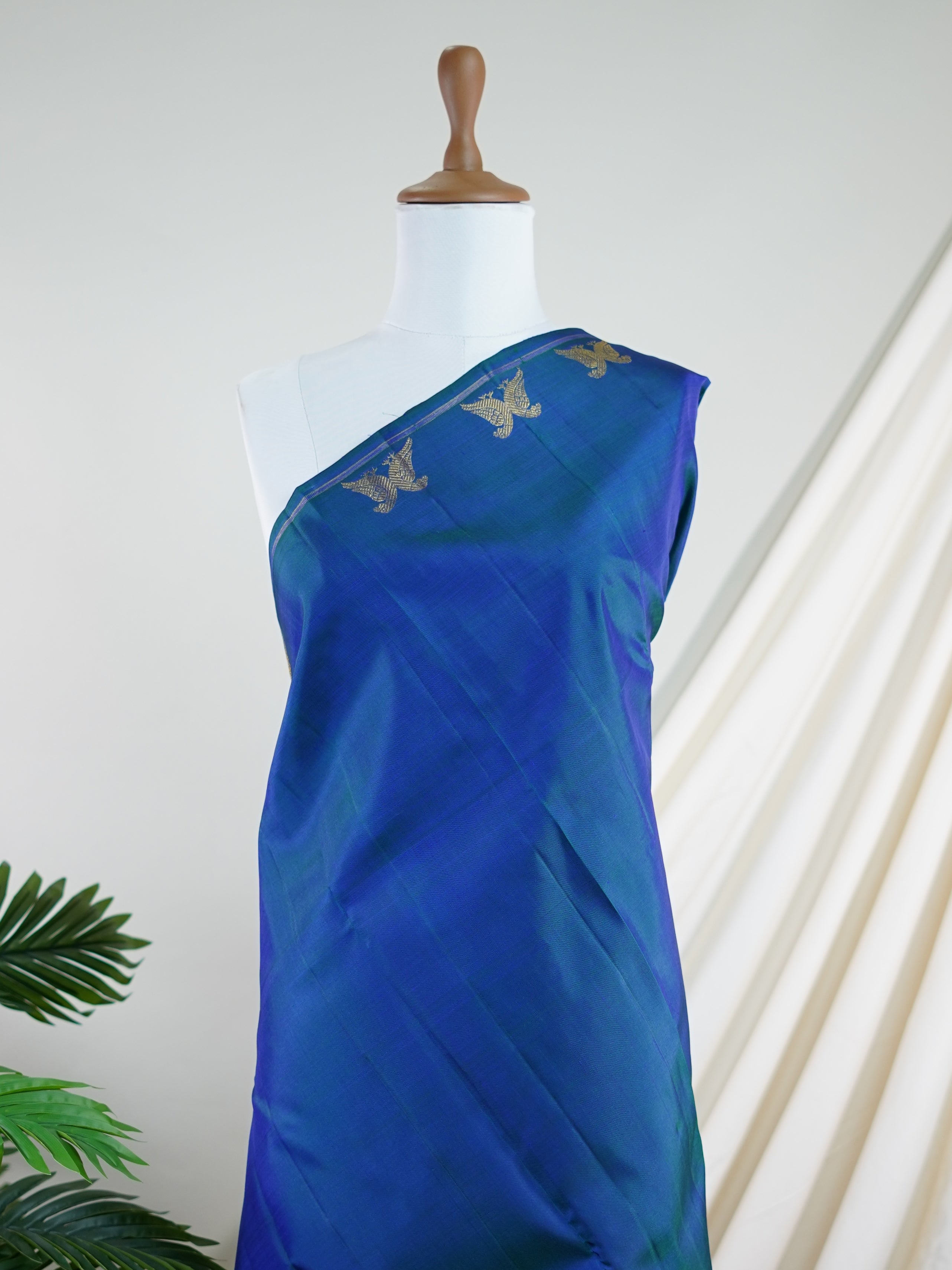 Kanchipuram Silk Peacock Blue 100% Pure Silk  - Manoranjitham Weaves - Handloom Store