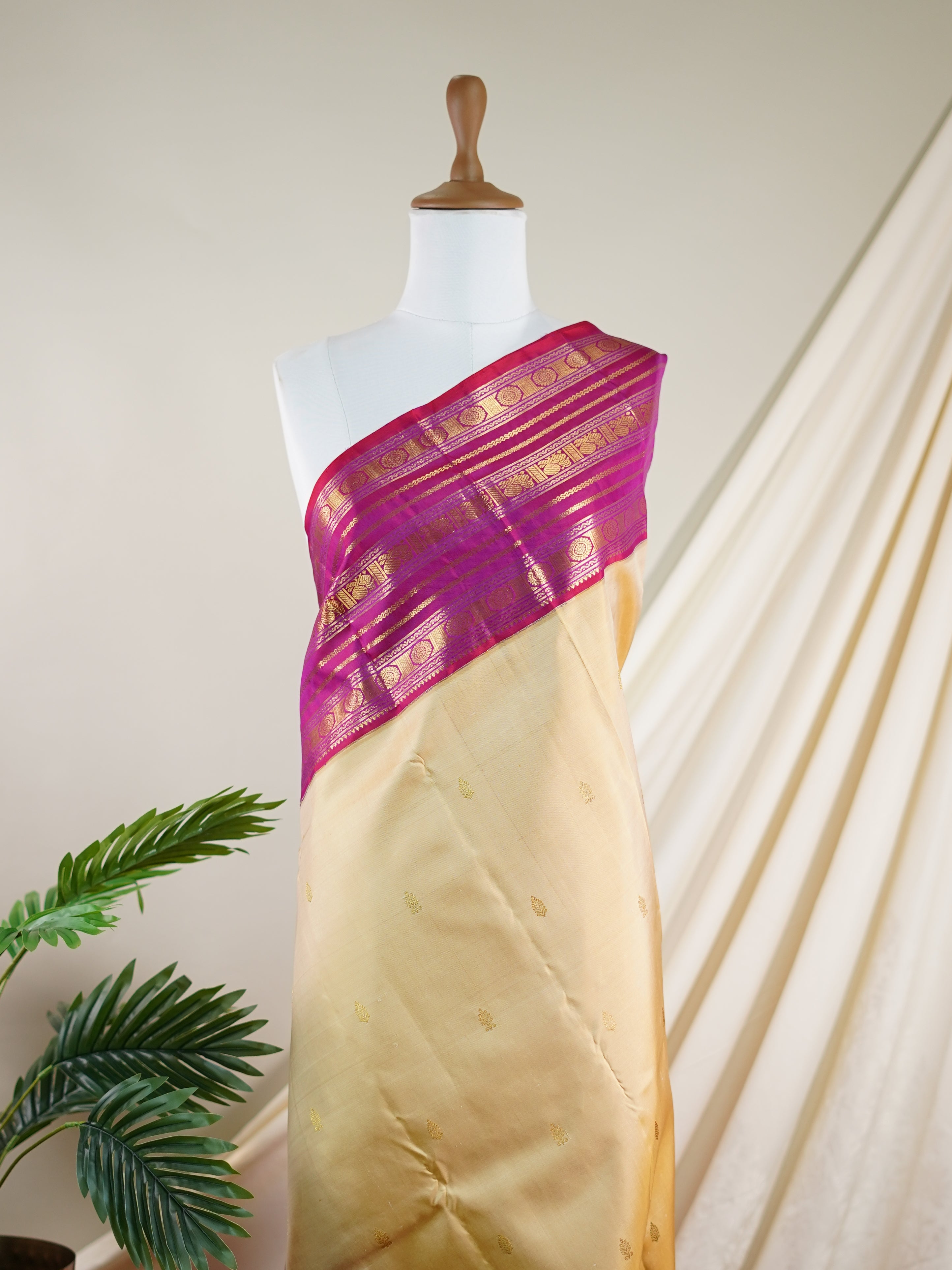 Kanchipuram Silk Beige 100% Pure Silk  - Manoranjitham Weaves - Handloom Store