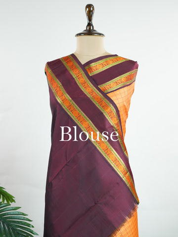Kanchipuram Silk Orange and purple blend beautifully in this Kanchipuram saree with thread buttis and pure zari, offering medium-border elegance and festive vibrance. #Manoranjitham #ThreadButti #OrangePurpleSilk #KanjivaramCharm #HeritageInThreads Sattvika - Manoranjitham Weaves - Handloom Store