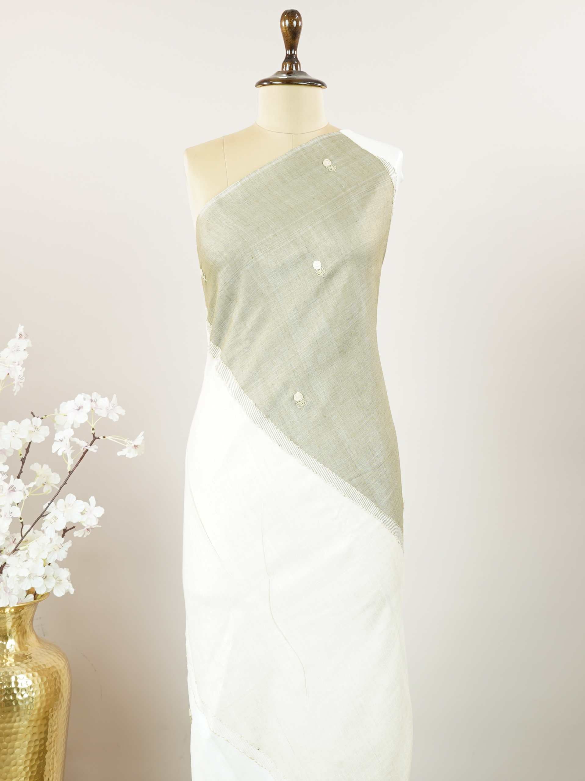 Tussar Woven from pure Tussar silk, this saree glows with its signature textured sheen and understated elegance. Fine hand embroidery dances across the body and border, adding gentle detail without overpowering the weave. The blend of earthy silk and intricate threadwork makes it perfect for both formal and festive wear.br
Graceful, grounded, and rich in quiet luxury.br
#Manoranjitham #TussarSilk #EmbroideredSaree #HandcraftedElegance #SubtleLuxury #ThreadedWithTradition #TextileStories Janani - Tussar Silk