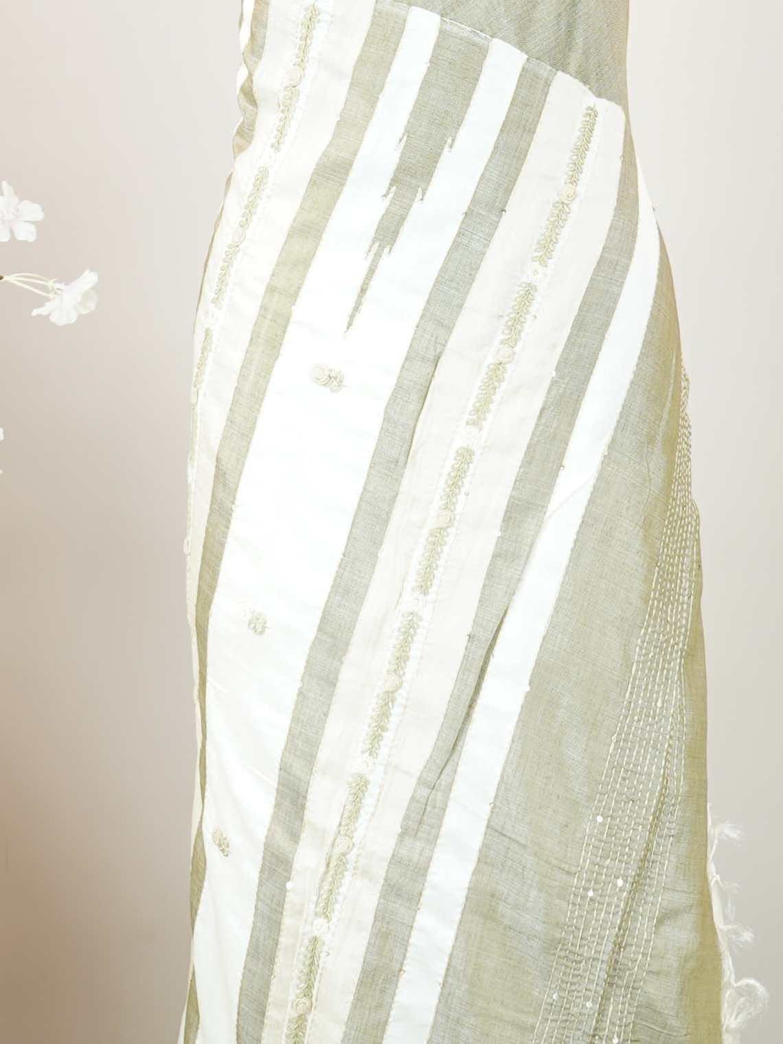 Tussar Woven from pure Tussar silk, this saree glows with its signature textured sheen and understated elegance. Fine hand embroidery dances across the body and border, adding gentle detail without overpowering the weave. The blend of earthy silk and intricate threadwork makes it perfect for both formal and festive wear.br
Graceful, grounded, and rich in quiet luxury.br
#Manoranjitham #TussarSilk #EmbroideredSaree #HandcraftedElegance #SubtleLuxury #ThreadedWithTradition #TextileStories Janani - Tussar Silk