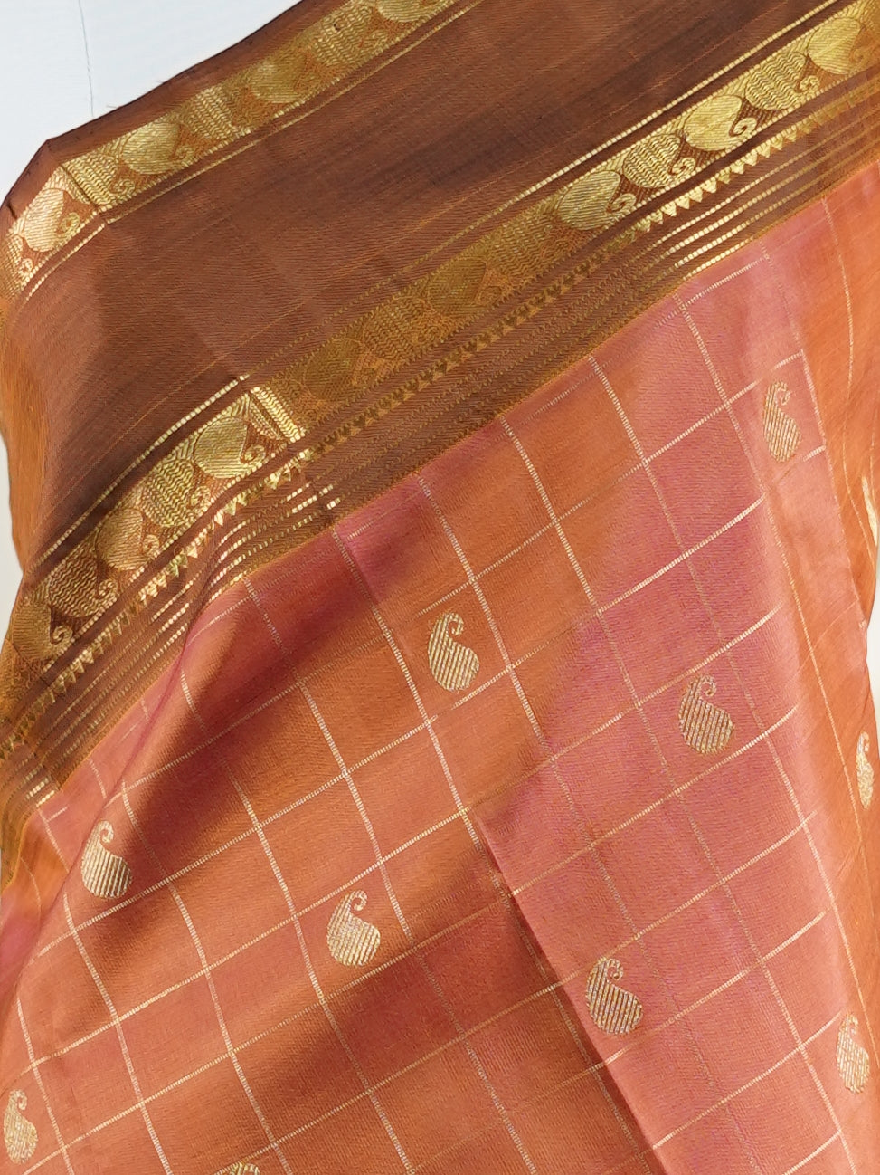 Kanchipuram Silk Peach 100% Pure Silk  - Manoranjitham Weaves - Handloom Store
