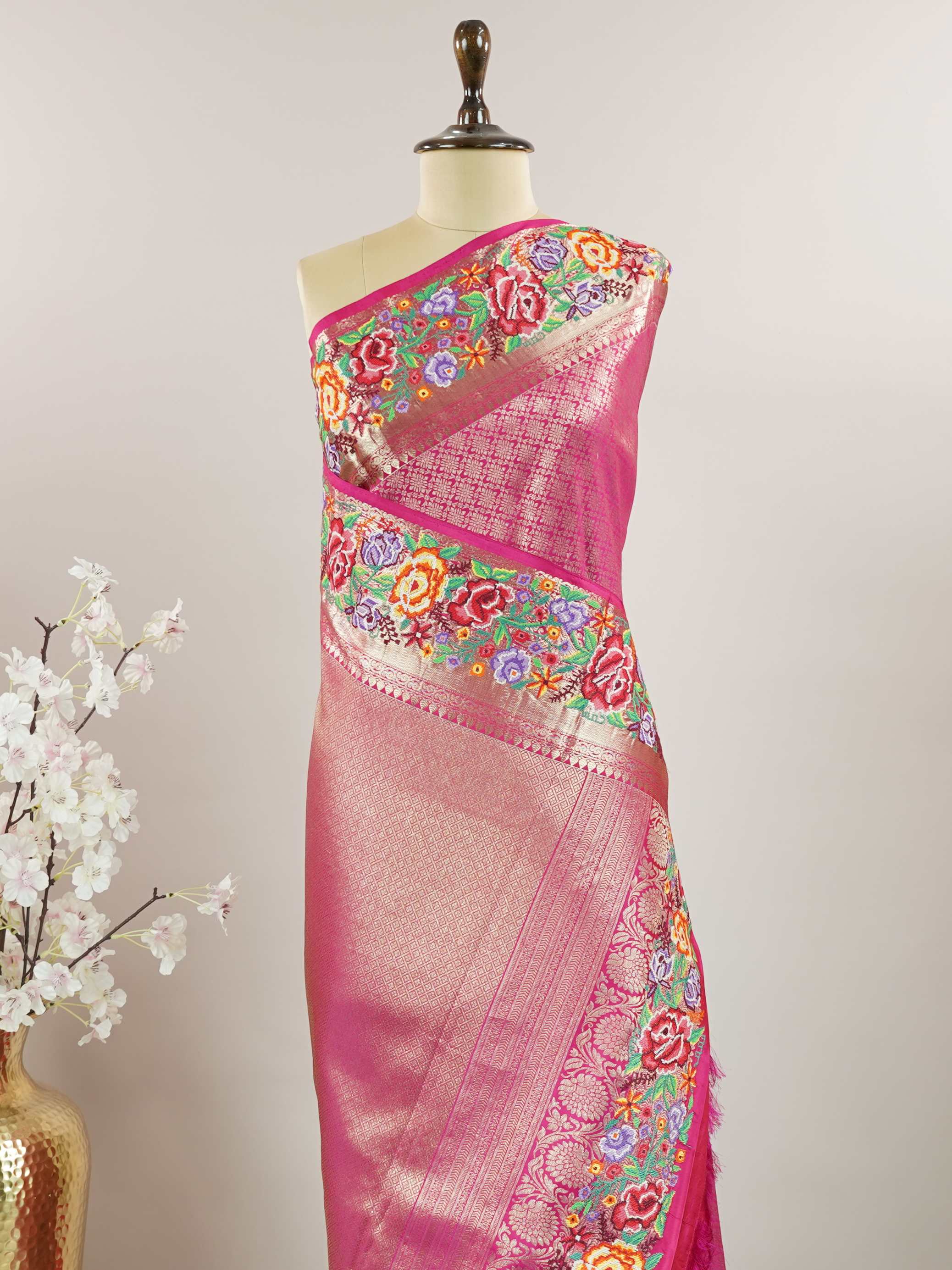 Kanchipuram Silk A royal Kanjivaram meets delicate Petit Point embroidery, where heritage and handcraft unite.br
Every drape carries centuries of tradition adorned with timeless artistry. Yashaswini - Handwork Embroidered Silk Saree | Parsigara Embroidery - Manoranjitham Weaves - Handloom Store