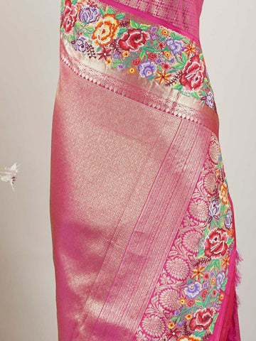 Kanchipuram Silk A royal Kanjivaram meets delicate Petit Point embroidery, where heritage and handcraft unite.br
Every drape carries centuries of tradition adorned with timeless artistry. Yashaswini - Handwork Embroidered Silk Saree | Parsigara Embroidery - Manoranjitham Weaves - Handloom Store