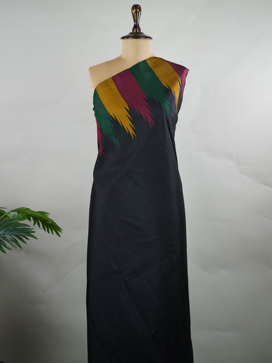 Kanchipuram Silk Woven in pure Kanjivaram silk, this saree pairs a deep black body with a rich maroon pallu and matching blouse. The multi temple borders add a subtle rhythm of tradition, lending depth without overpowering the design. A classic composition that speaks through contrast, craftsmanship, and timeless elegance. Kameshi - Manoranjitham Weaves - Handloom Store