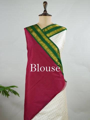 Kanchipuram Silk Pure silk with white Laksha Deepam style buttas on the body.
Paired with dual pallu in green and maroon, and a maroon blouse.
Accented with a classic Ganga-Jamuna border for timeless elegance. Sivamayi - Manoranjitham Weaves - Handloom Store