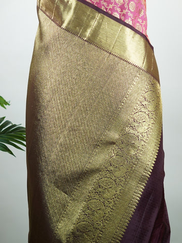 Kanchipuram Silk A masterpiece from Kanchipuram, this Kanjivaram saree in Soft pink  is a tribute to India's rich handloom legacy. The Pure Zari weaving and Buttis motifs make it a perfect choice for brides and celebrations. Every thread speaks of elegance, tradition, and the skilled hands that bring this saree to life. Keeravani - Pink Pure Kanjivaram Silk Saree | Pure Zari - Manoranjitham Weaves - Handloom Store