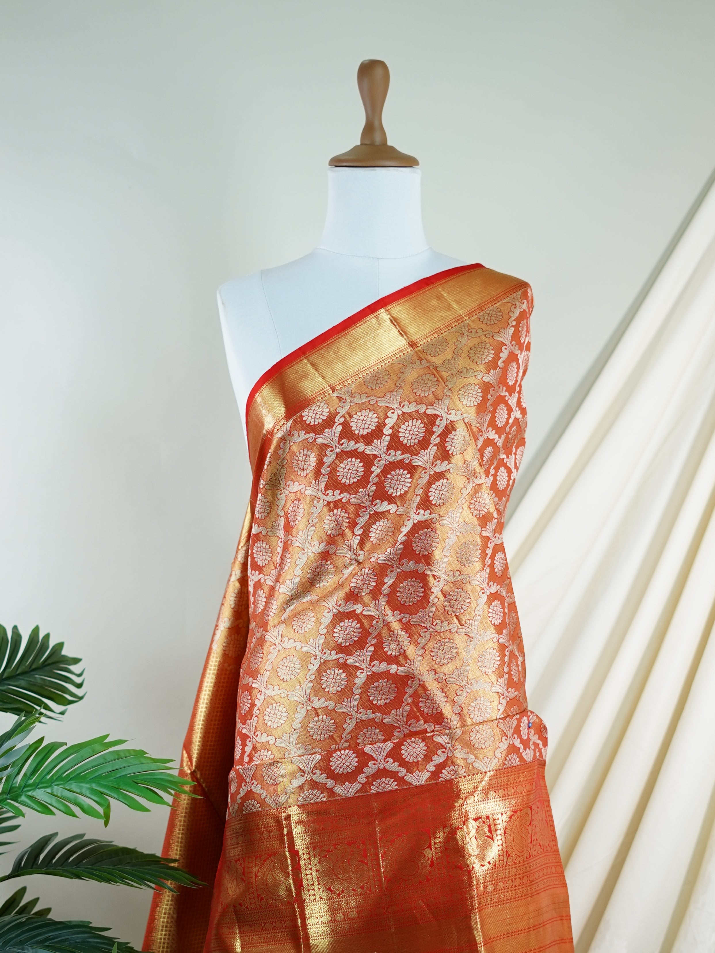 Kanchipuram Silk Peach Red 100% Pure Silk  - Manoranjitham Weaves - Handloom Store