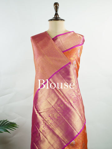 Kanchipuram Silk Handwoven by skilled artisans of Kanchipuram, this Kanjivaram saree in Orange blends traditional elegance with intricate Pure Zari zari work. A truly stunning drape for special occasions. The interplay of colors and craftsmanship makes it a treasured piece for every saree connoisseur. Suratia - Orange Pure Kanjivaram Silk Saree | Pure Zari - Manoranjitham Weaves - Handloom Store