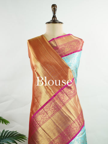 Kanchipuram Silk A masterpiece from Maharashtra, this 100% Pure Silk  saree in Aqua Green is a tribute to India's rich handloom legacy. The Pure Zari weaving and Buttis motifs make it a perfect choice for brides and celebrations. Every thread speaks of elegance, tradition, and the skilled hands that bring this saree to life. Malkaunsa - Aqua Pure Kanjivaram Silk Saree | Pure Zari - Manoranjitham Weaves - Handloom Store