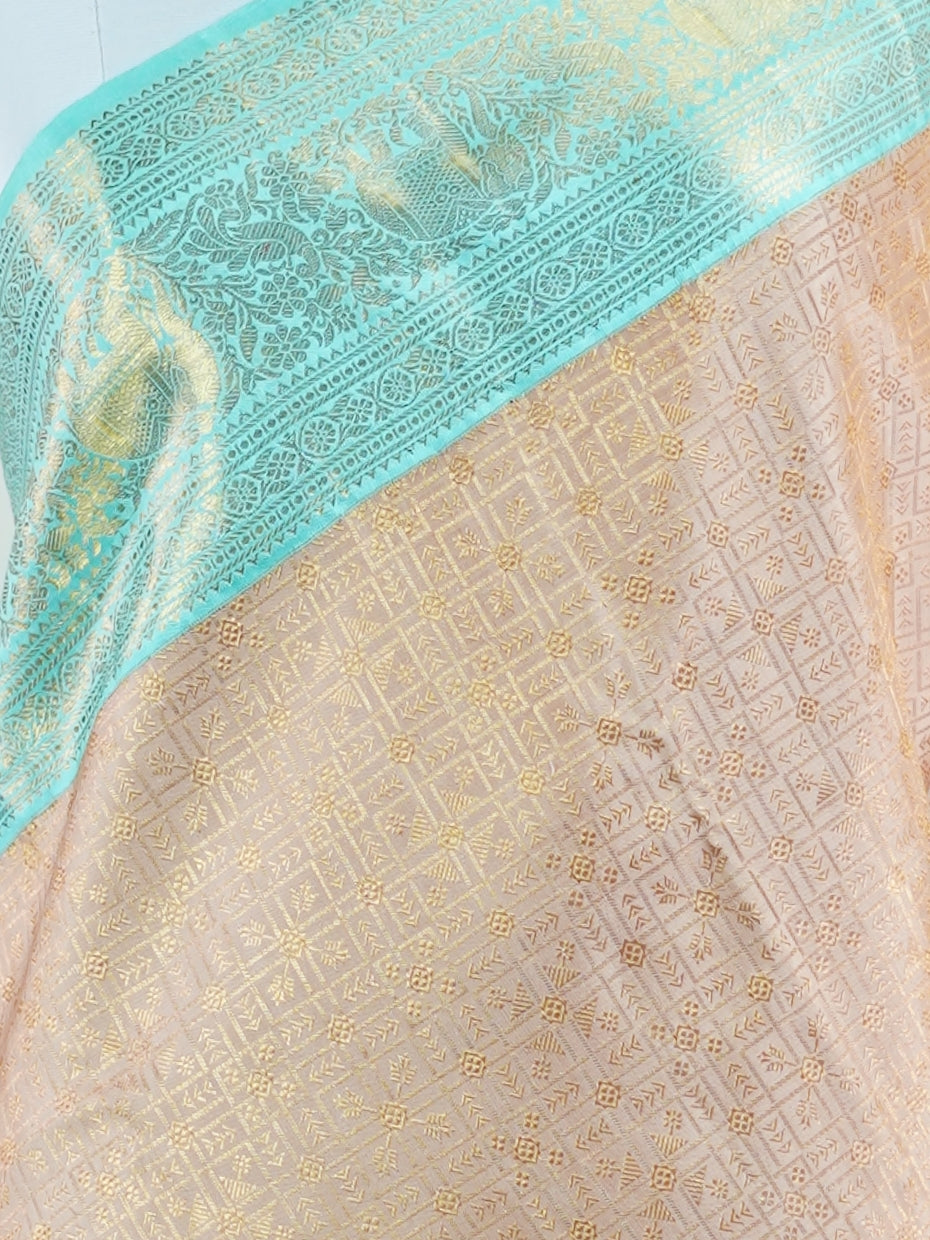 Kanchipuram Silk Peach 100% Pure Silk  - Manoranjitham Weaves - Handloom Store