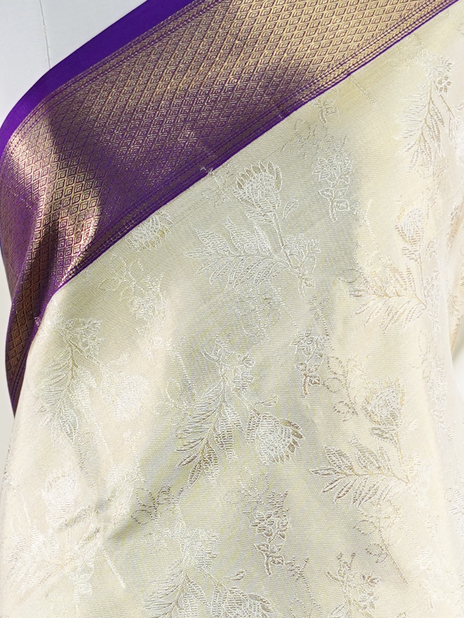 Kanchipuram Silk Cream 100% Pure Silk  - Manoranjitham Weaves - Handloom Store