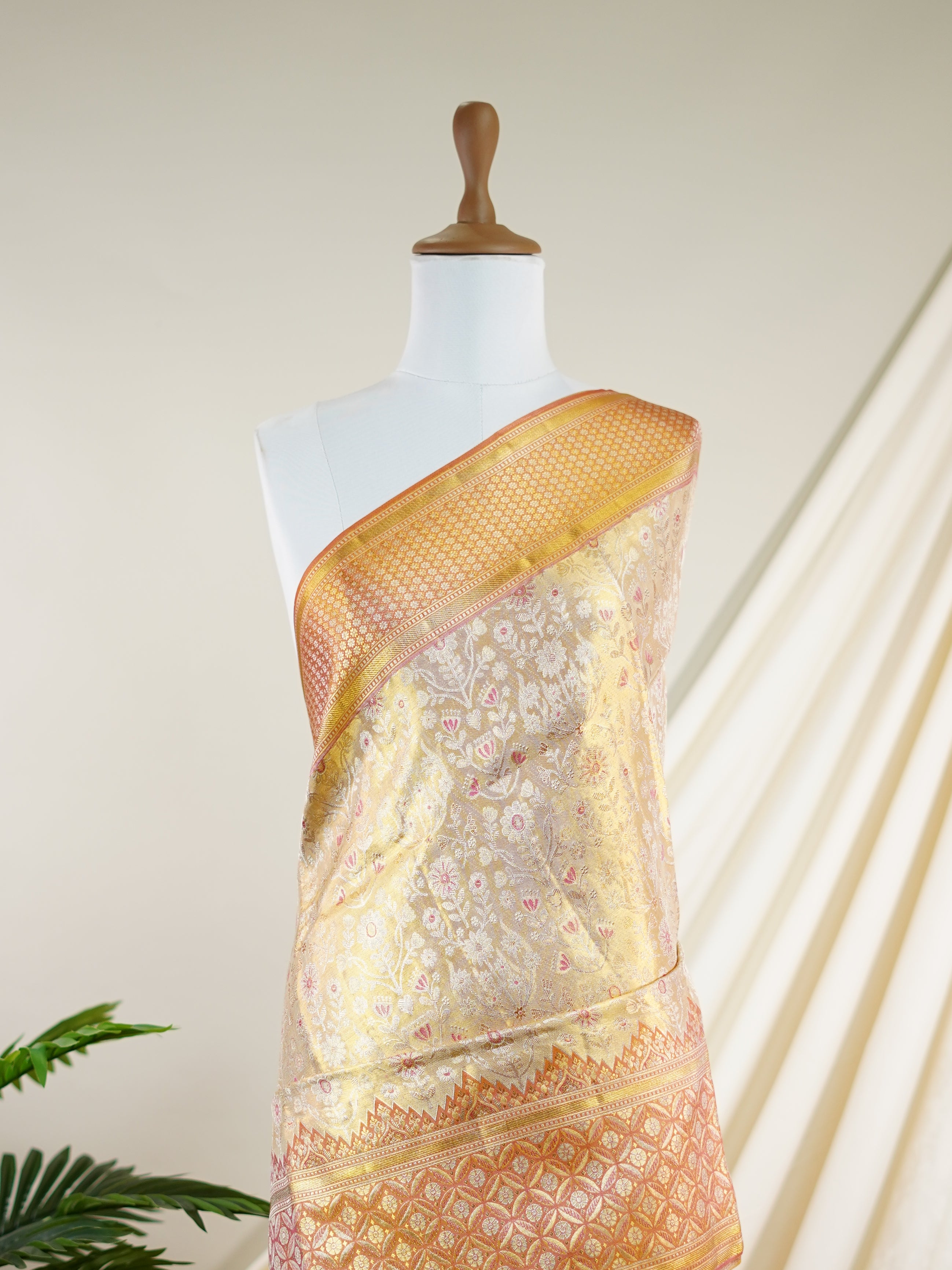 Kanchipuram Silk Golden Cream 100% Pure Silk  - Manoranjitham Weaves - Handloom Store