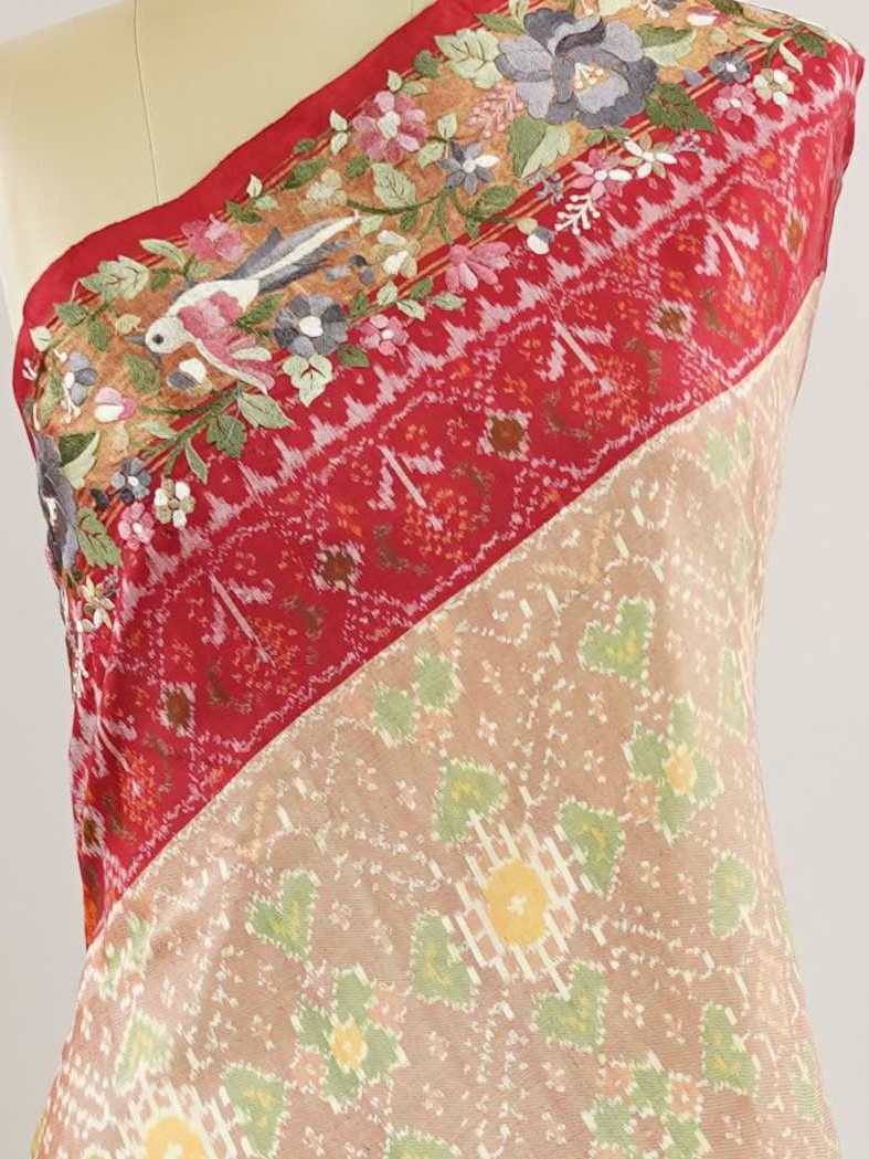 Pochampally Pochampally silks carry vibrant ikkat patterns, now graced with hand-embroidered Parsi Gara.br
A rare fusion of tradition and timeless elegance. Maha Kali - Handwork Embroidered Silk Saree | Ikkat Border - Manoranjitham Weaves - Handloom Store