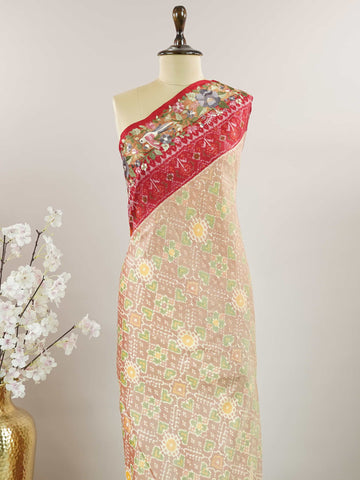 Pochampally Pochampally silks carry vibrant ikkat patterns, now graced with hand-embroidered Parsi Gara.br
A rare fusion of tradition and timeless elegance. Maha Kali - Handwork Embroidered Silk Saree | Ikkat Border - Manoranjitham Weaves - Handloom Store