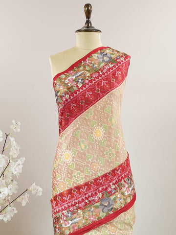 Pochampally Pochampally silks carry vibrant ikkat patterns, now graced with hand-embroidered Parsi Gara.br
A rare fusion of tradition and timeless elegance. Maha Kali - Handwork Embroidered Silk Saree | Ikkat Border - Manoranjitham Weaves - Handloom Store