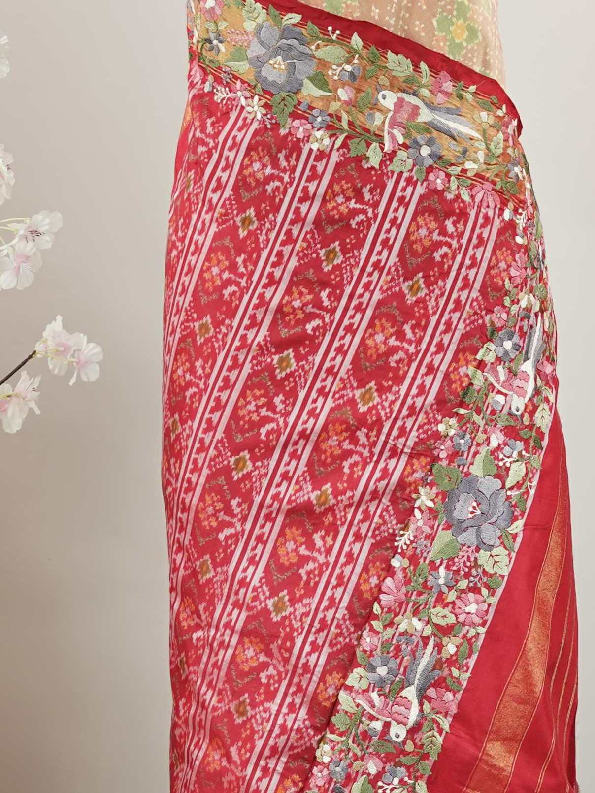 Pochampally Pochampally silks carry vibrant ikkat patterns, now graced with hand-embroidered Parsi Gara.br
A rare fusion of tradition and timeless elegance. Maha Kali - Handwork Embroidered Silk Saree | Ikkat Border - Manoranjitham Weaves - Handloom Store