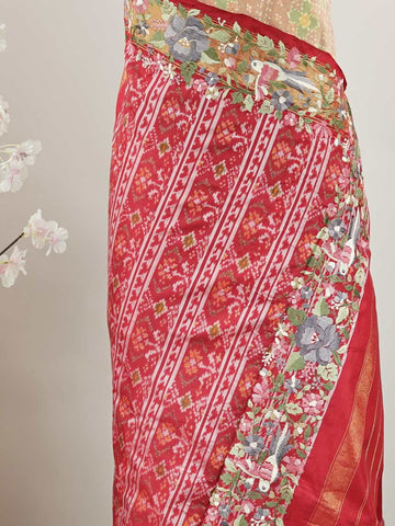 Pochampally Pochampally silks carry vibrant ikkat patterns, now graced with hand-embroidered Parsi Gara.br
A rare fusion of tradition and timeless elegance. Maha Kali - Handwork Embroidered Silk Saree | Ikkat Border - Manoranjitham Weaves - Handloom Store