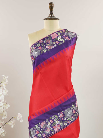 Gadwal Silk Bright red silk with deep blue borders, graced by fine embroidery. Striking contrast for weddings and special events. The soft silk moves effortlessly with every step. A saree that blends drama with tradition. #RedBlueSaree #GadwalSilk #NoZari #HeritageWeaves Hamsanandi - Bright Red Handwork Embroidered Silk Saree | Parsigara Embroidery - Manoranjitham Weaves - Handloom Store